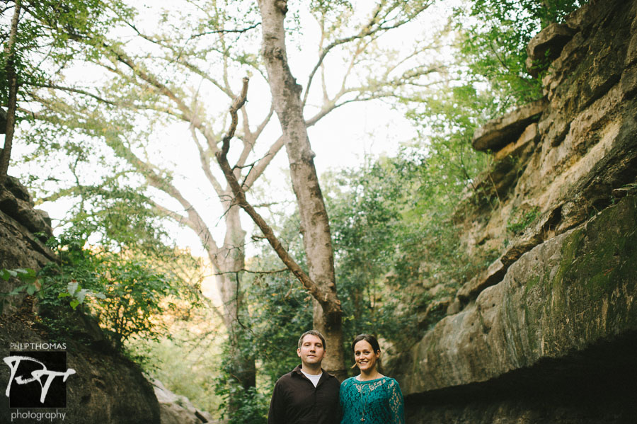 Roberta and Andrew pictured between the rocks at Bull Creek, Austin. Photographed by Philip Thomas.