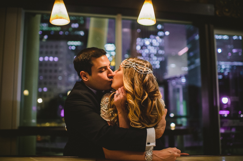 Couple embrace at Hobby Center