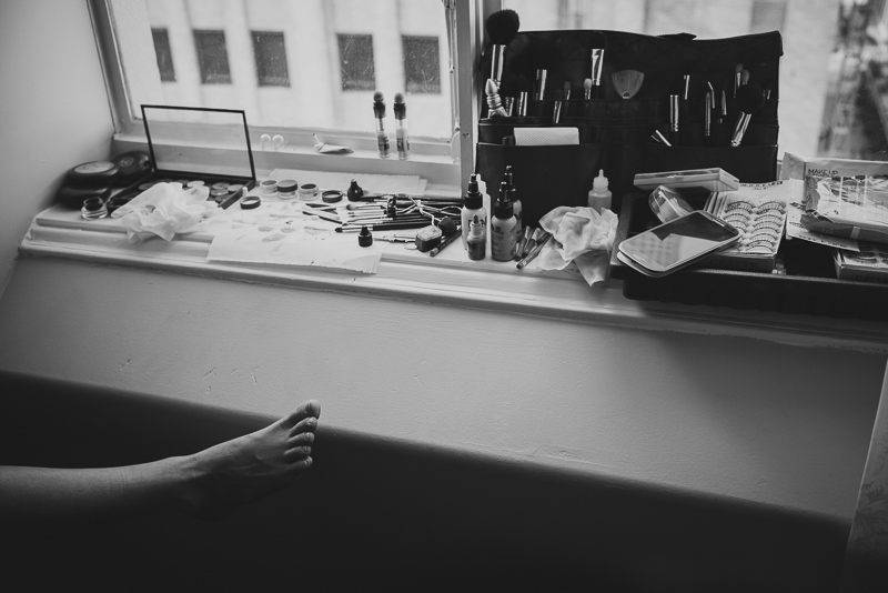 Brides foot during makeup