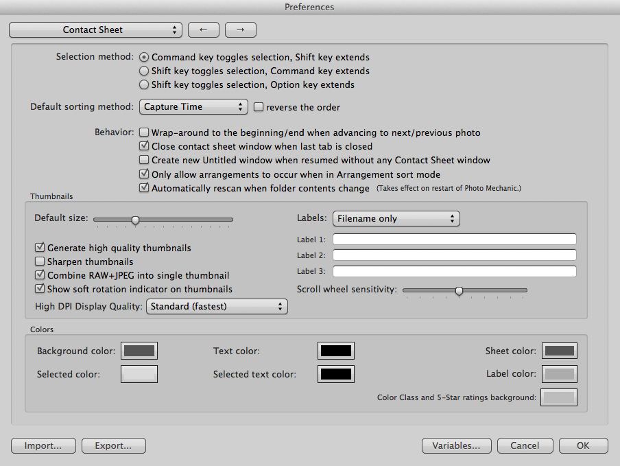Photo Mechanic- Contact Sheet Settings