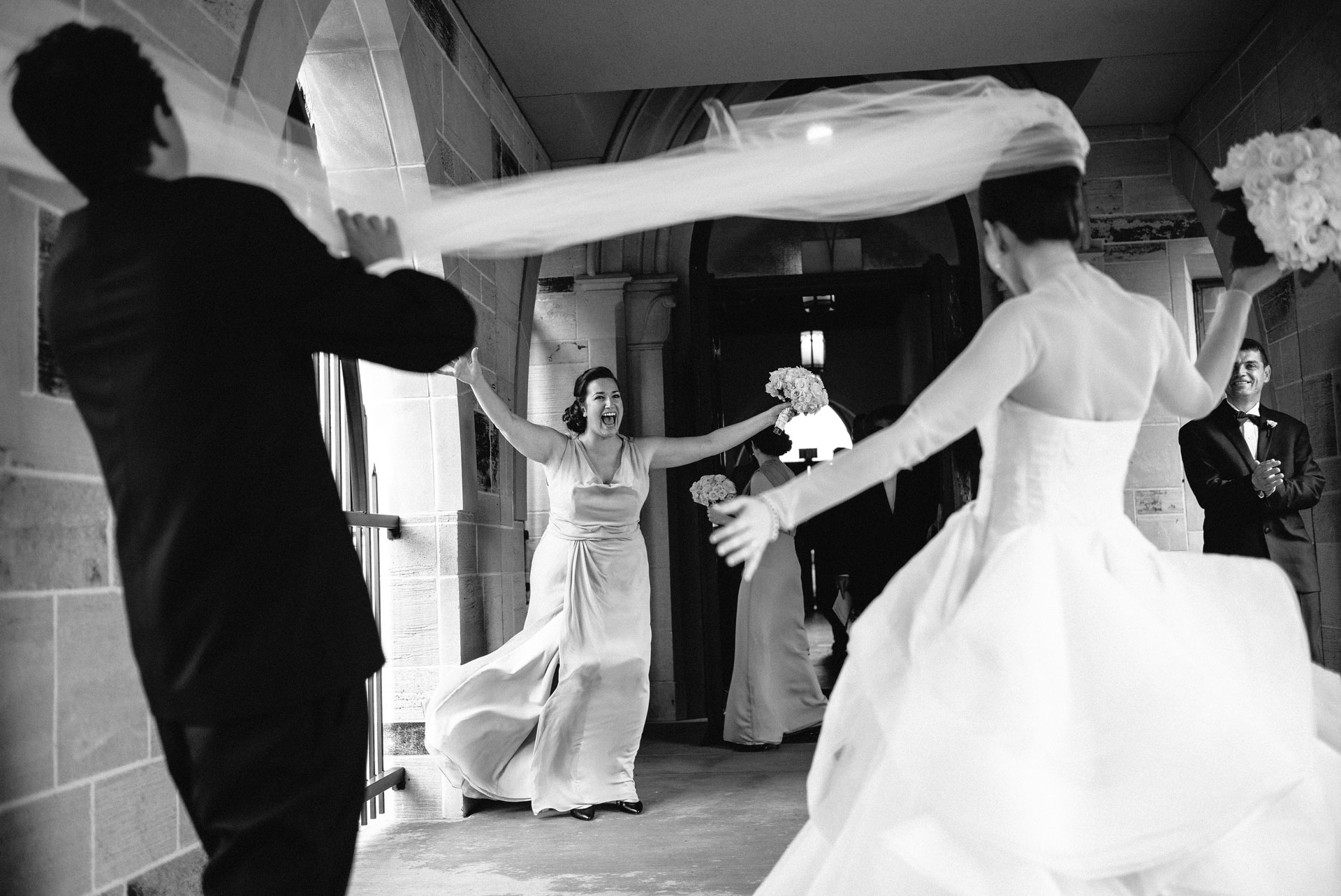 sister of the bride celebrates after tying the knot in Houston, Texas.