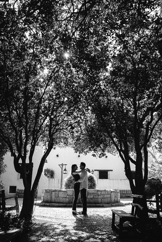 Couple's engagement session at the Governors Mansion below old oak trees