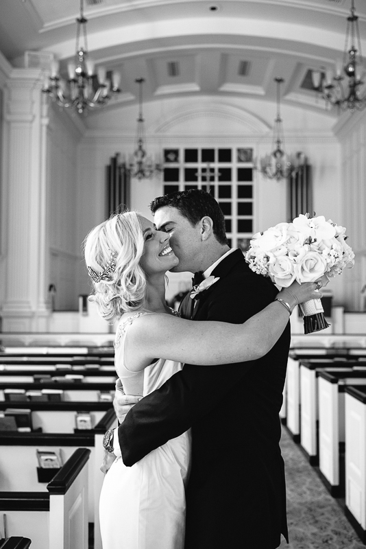 Bride and groom embrace after first lok