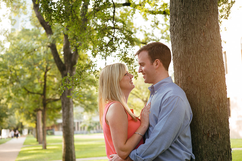 Along a avenue at Rice University engagement photos