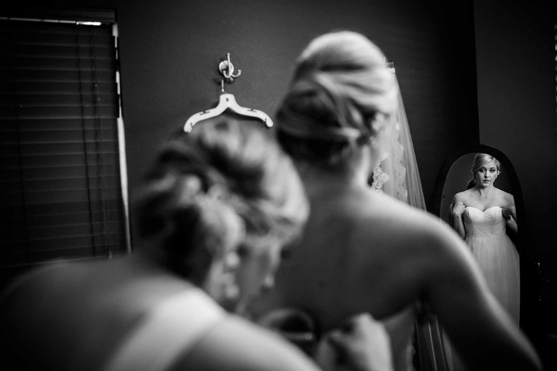 Houston Wedding Photography Leica M Hill Country Texas Wedding as bride preps in mirror