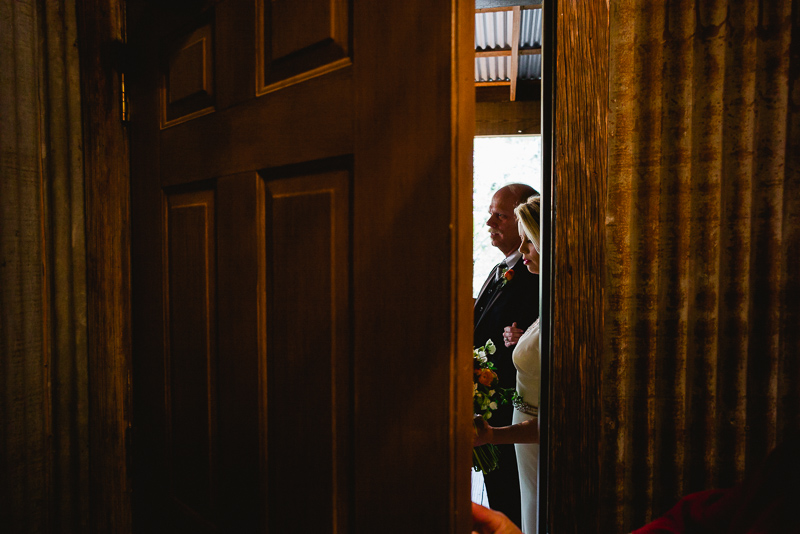 Bride and father wait pre-ceremony at Knibbe Ranch, texas