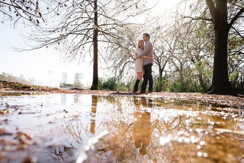 Hermann Park Engagement in a puddle reflection
