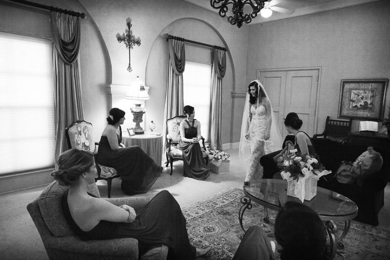 Bride and bridesmaids in waiting room at St. Anne Catholic Church, Houston