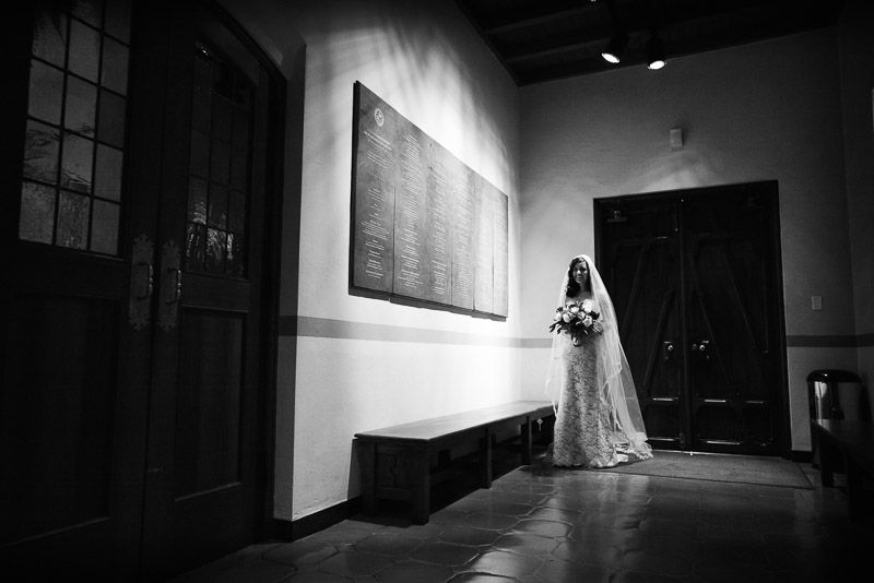 Bride waits at St. Anne Catholic Church, Westheimer Rd, Houston