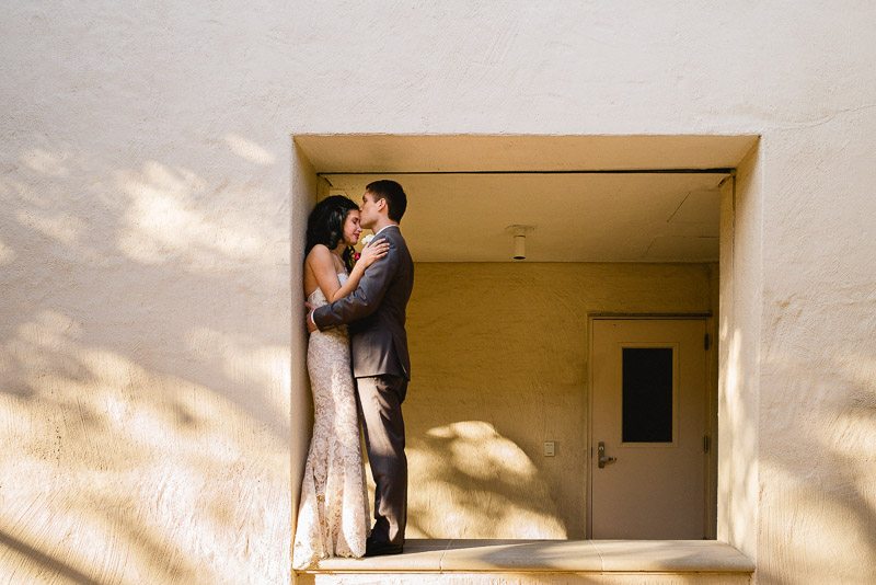 Couple embrace at St. Anne Catholic Church, Houston