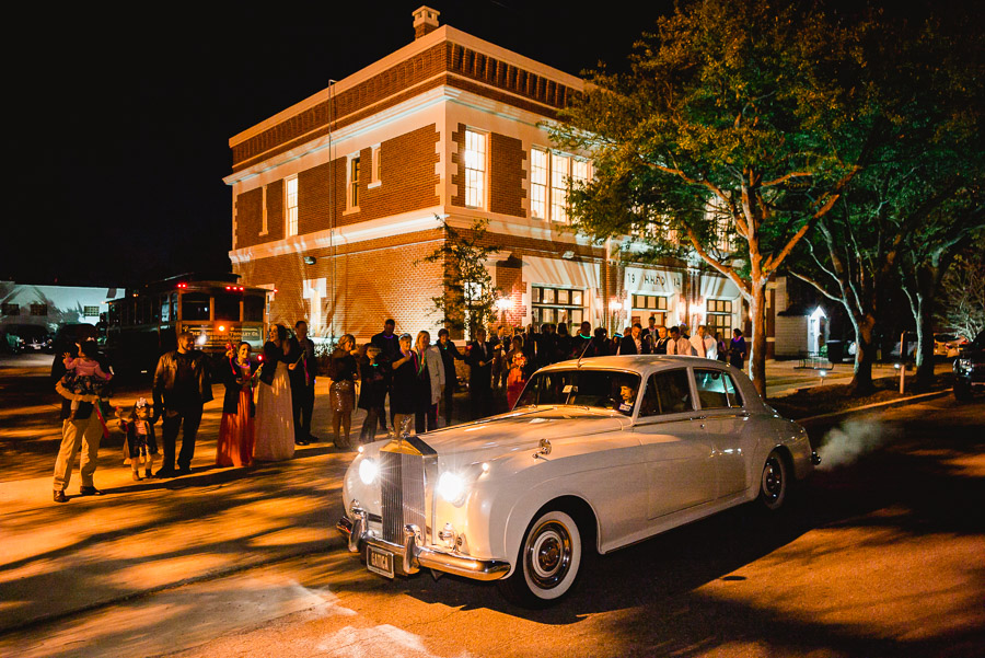 wedding reception Houston Heights Fire Station departing wedding reception in rolls royce