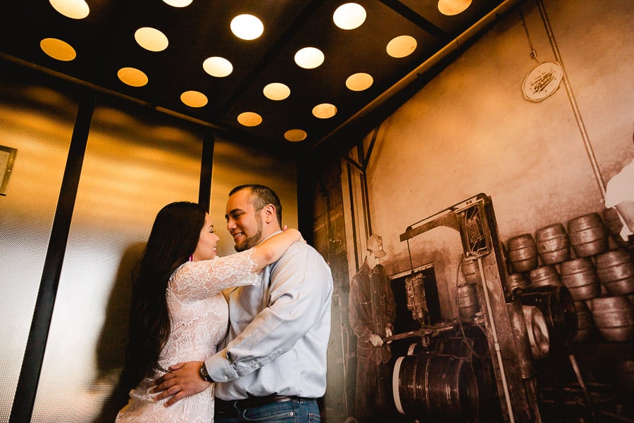 Couples engagement shoot in Pearl Brewery elevator