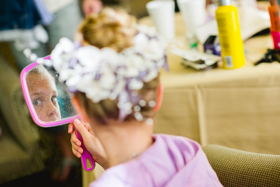 Flower girl in mirror Dominion Country Club Wedding