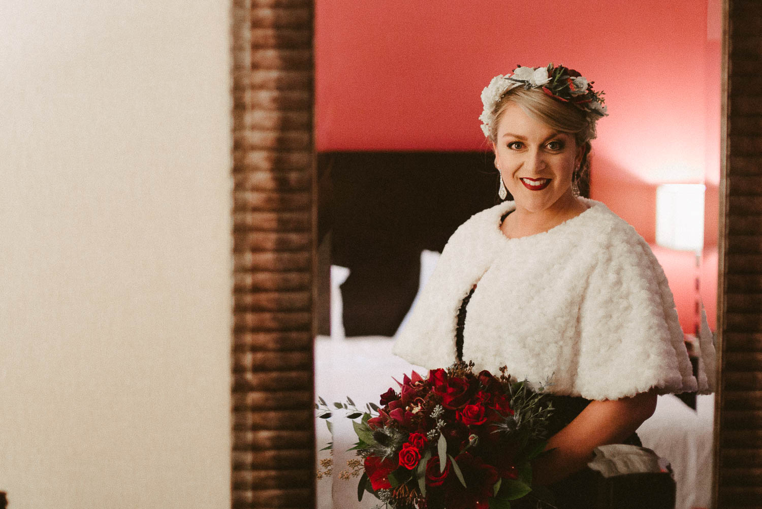 Bride check the mirror in her winter wedding dress at Takoma Park Washington D.C-Leica Wedding photographer-Philip Thomas