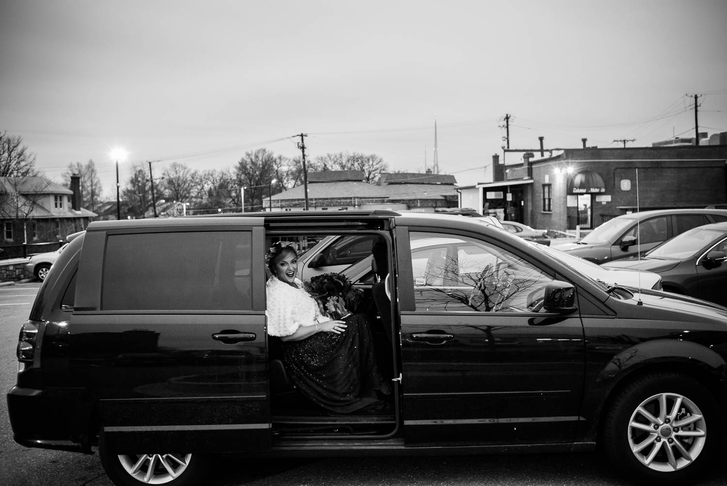 The bride waits in a car outside republic at Takoma Park Washington DC Leica Wedding photographer-Philip Thomas