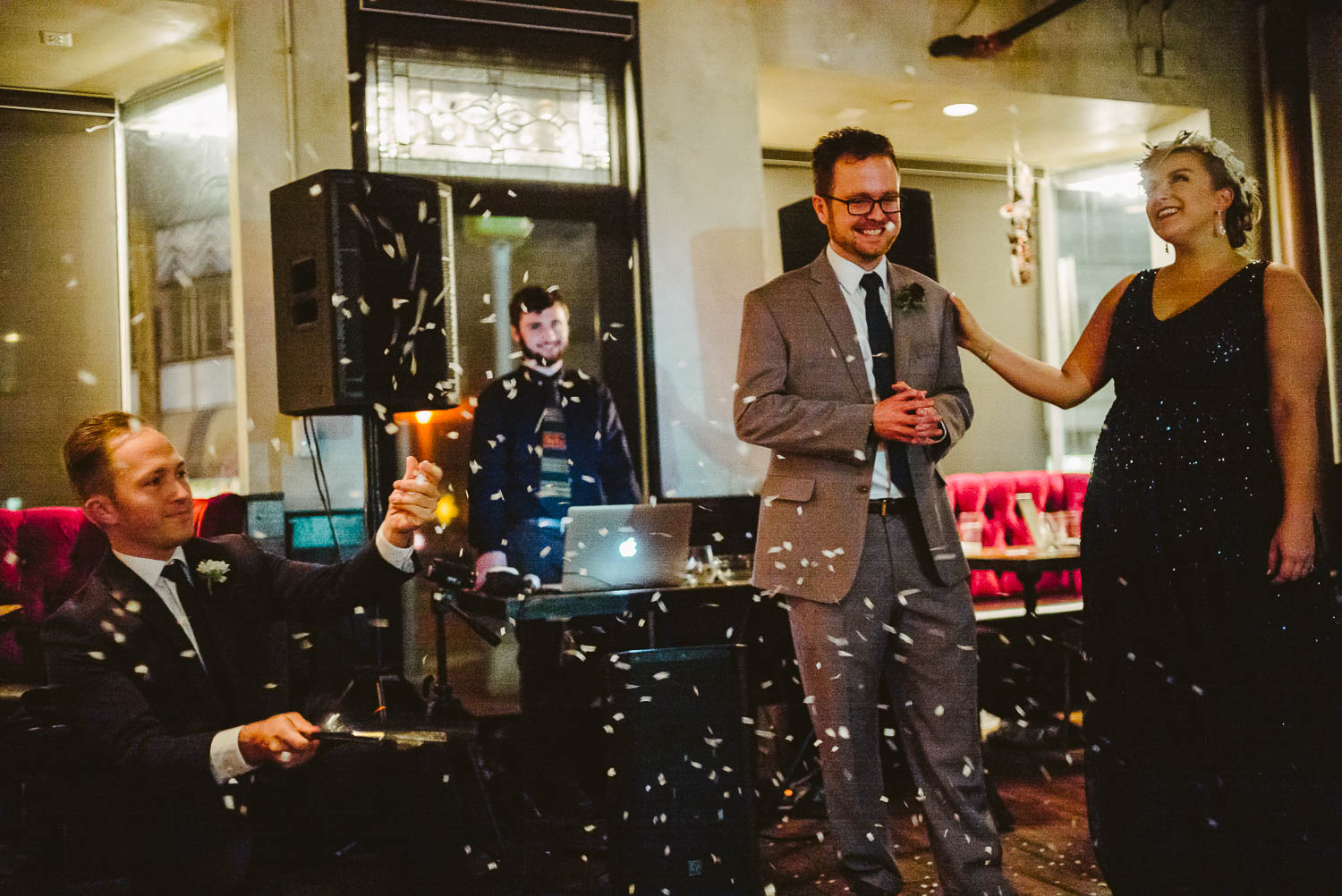 Magician Ryne Strom magic trick with wedded couple at Republic Takoma Park Washington D.C-Leica Wedding photographer-Philip Thomas