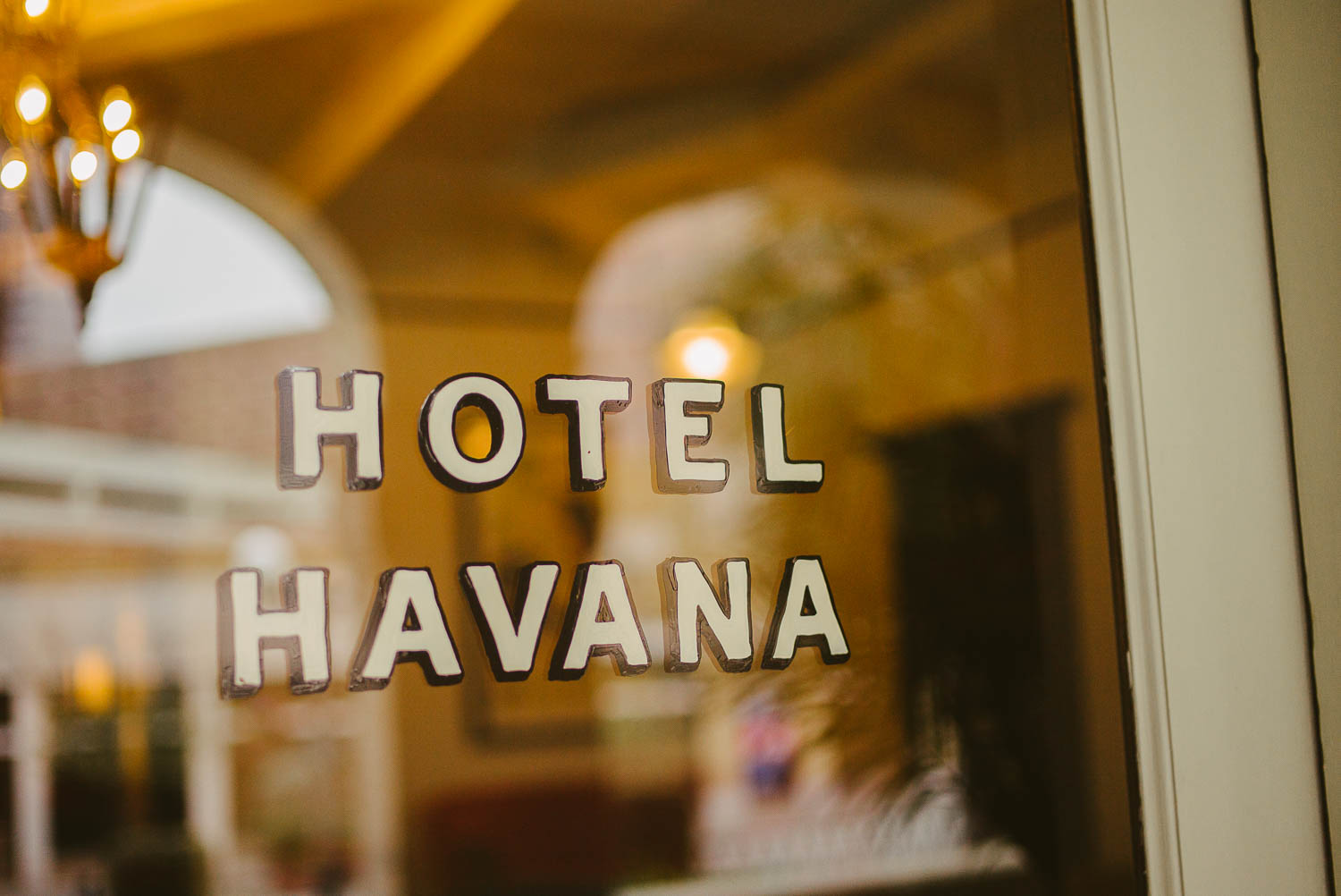 Hotel Havana signage in window, San Antonio, Texas