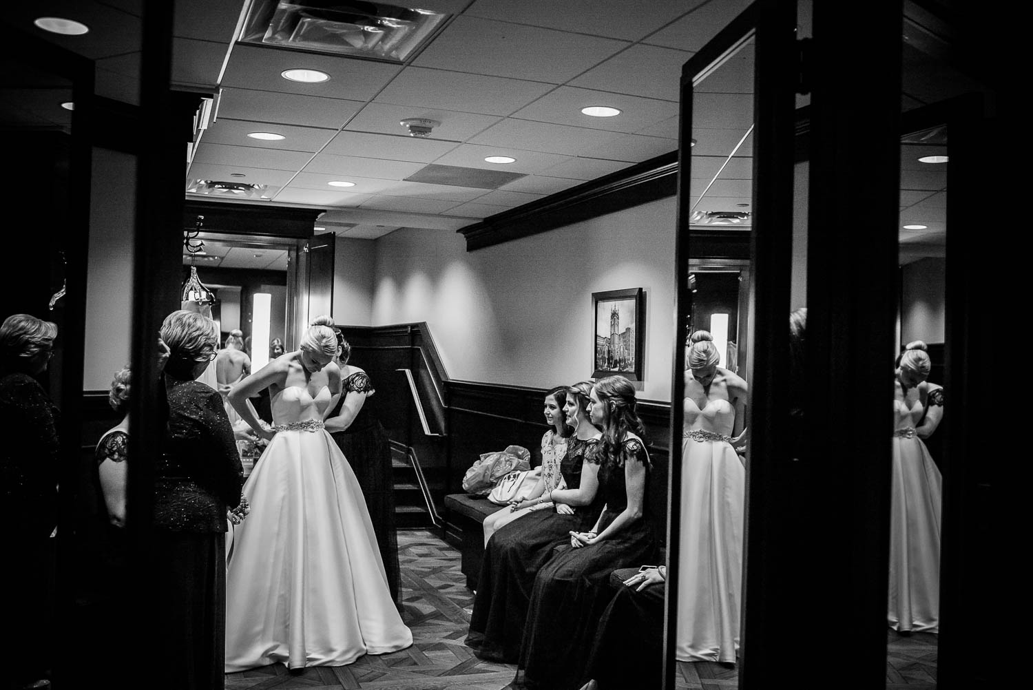 Bride gets ready in United Methodist Church Houston in two mirrors