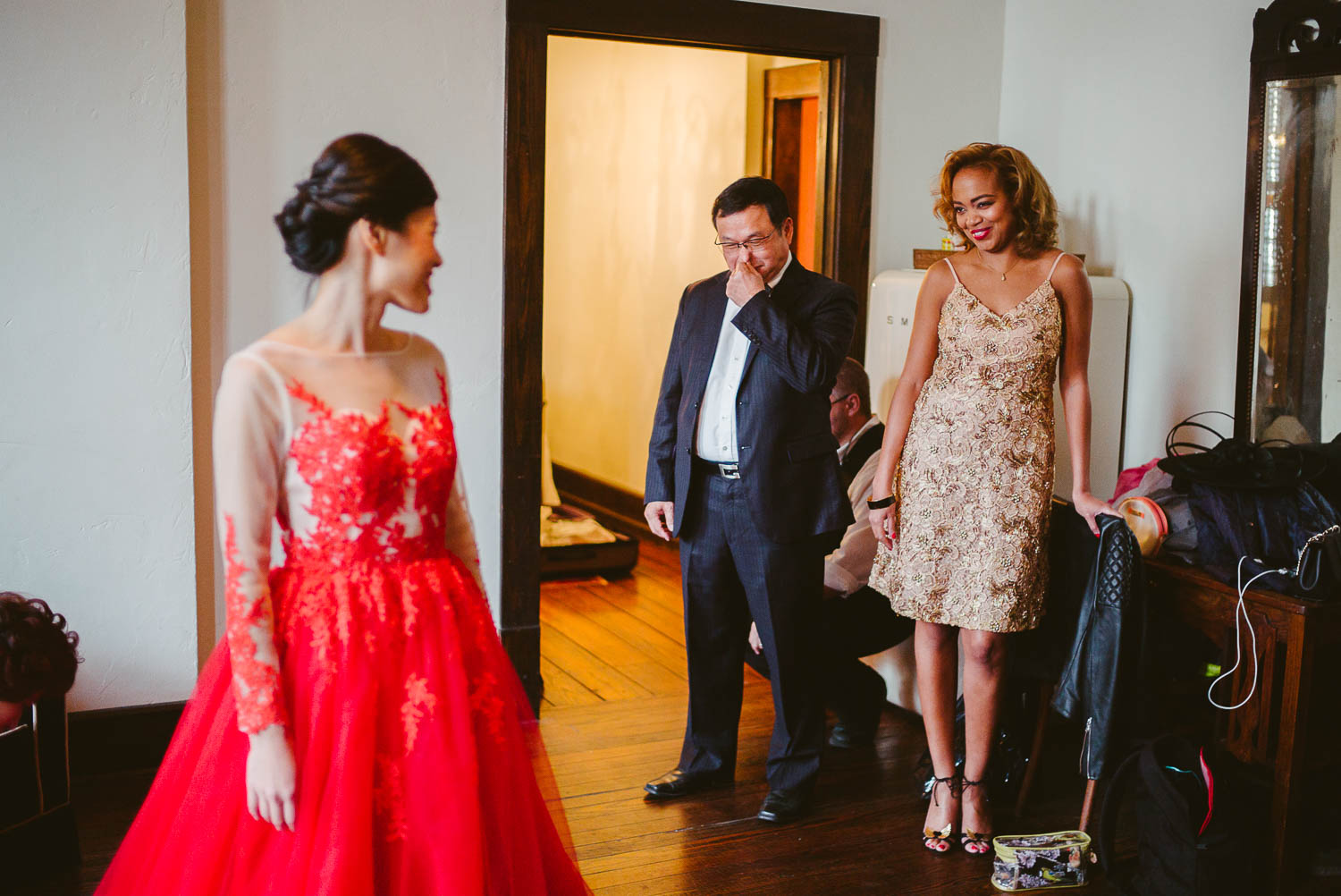 Father of the bride sees his daughter first time at Hotel Havana Wedding getting ready wedding - Leica photographer-Philip Thomas Photography