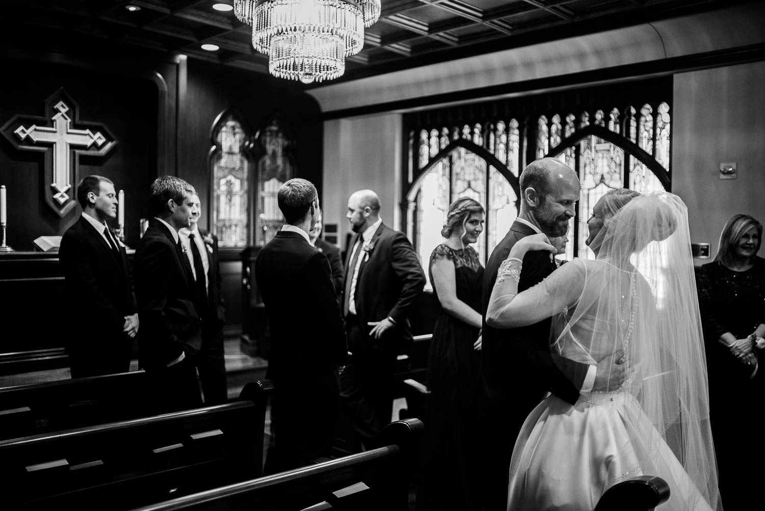 Couple lock eyes with friends and family after wedding ceremony irst United Methodist Church Wedding Houston