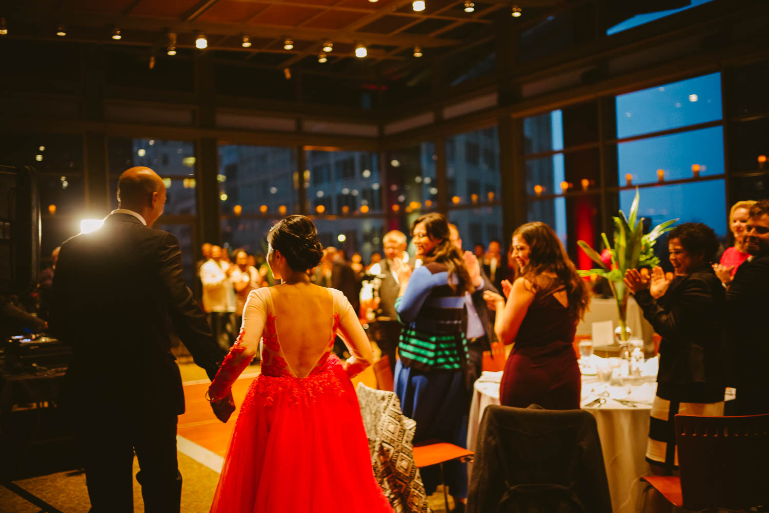 Wedded couple, Katie and Owen make their wedding reception entrance at La Orilla Del Rio Ballroom-Leica photographer-Philip Thomas Photography