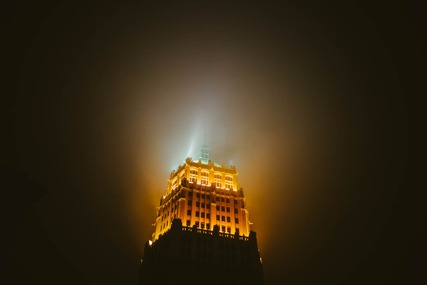 Frost Tower at night, San Antonio, Texas shot across at La Orilla Del Rio Ballroom in February 2017