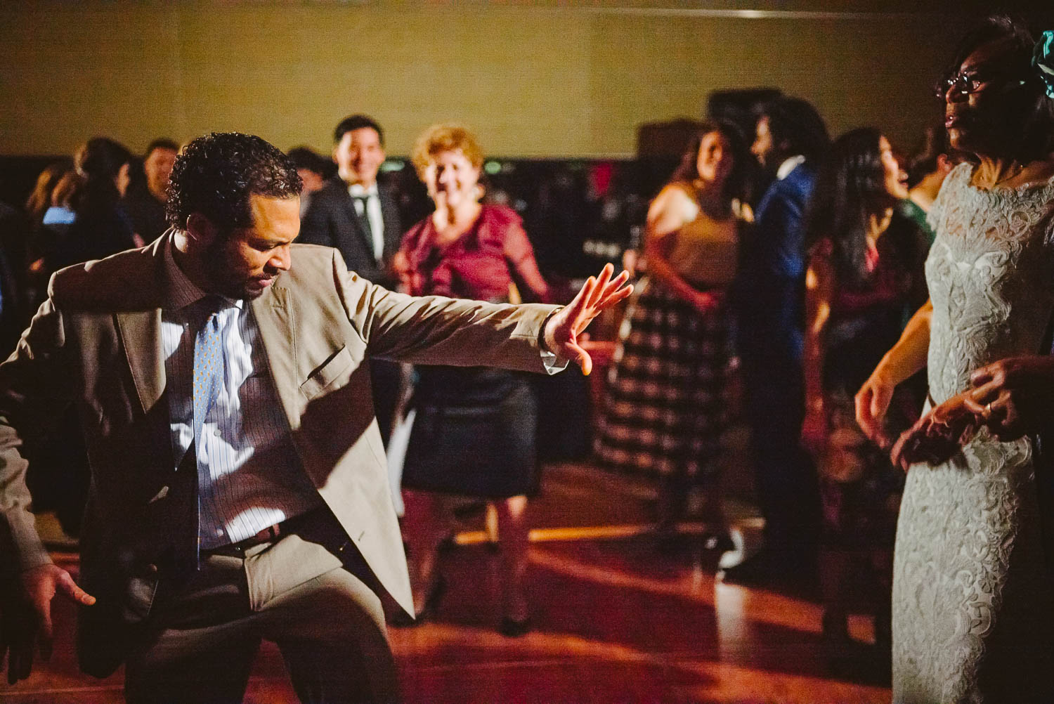 Guest on dance floor with mother of the groom La Orilla Del Rio Ballroom-Leica photographer-Philip Thomas Photography