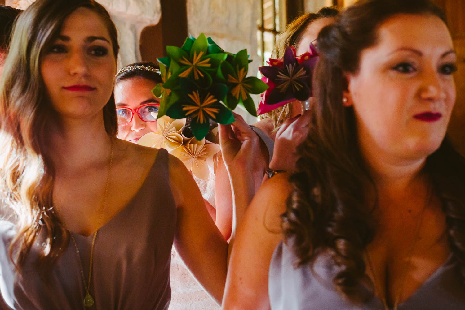 Bri hides from wedding guests prior to ceremony at Pecan Springs Houston Texas photo by Philip Thomas Photography