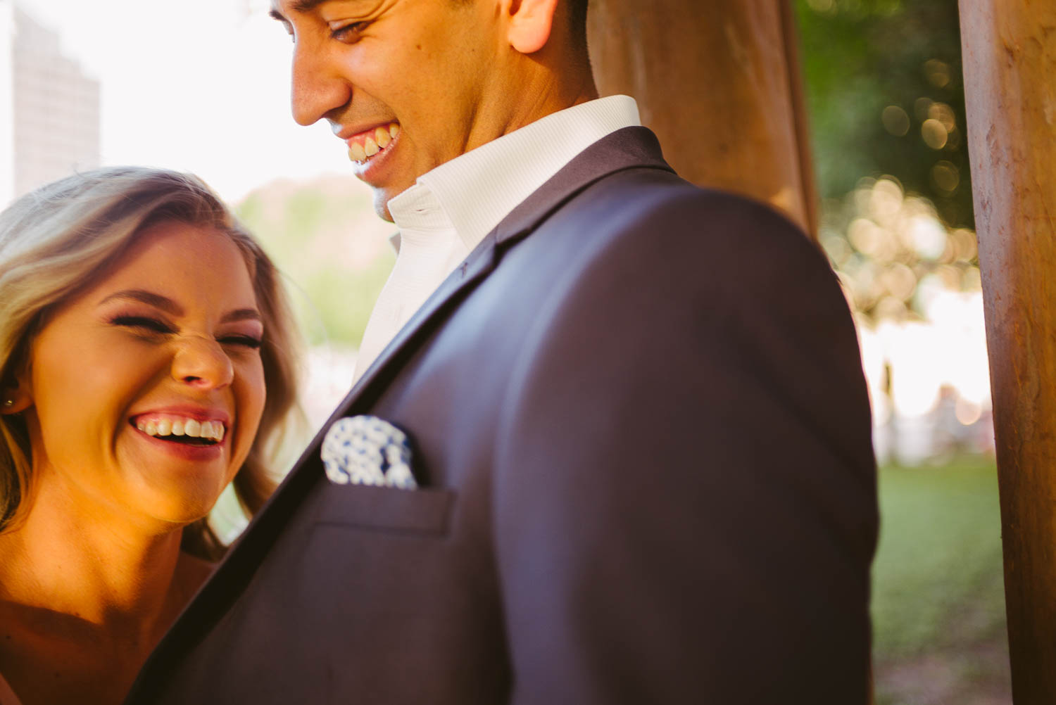 Couple laughing during an engagement shoot downtown San Antonio Texas