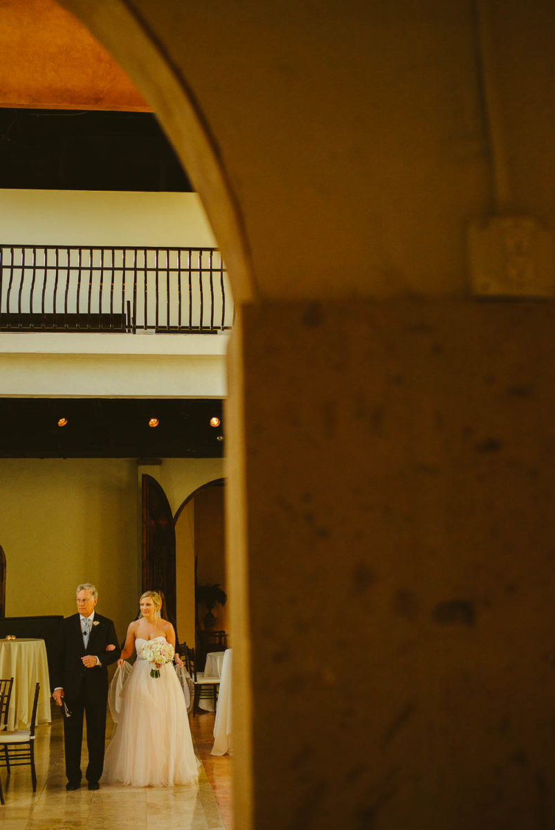 Father and bride lining up moments before wedding ceremony Bell Tower on 34th Houston-Leica wedding photographer-Philip Thomas Photography