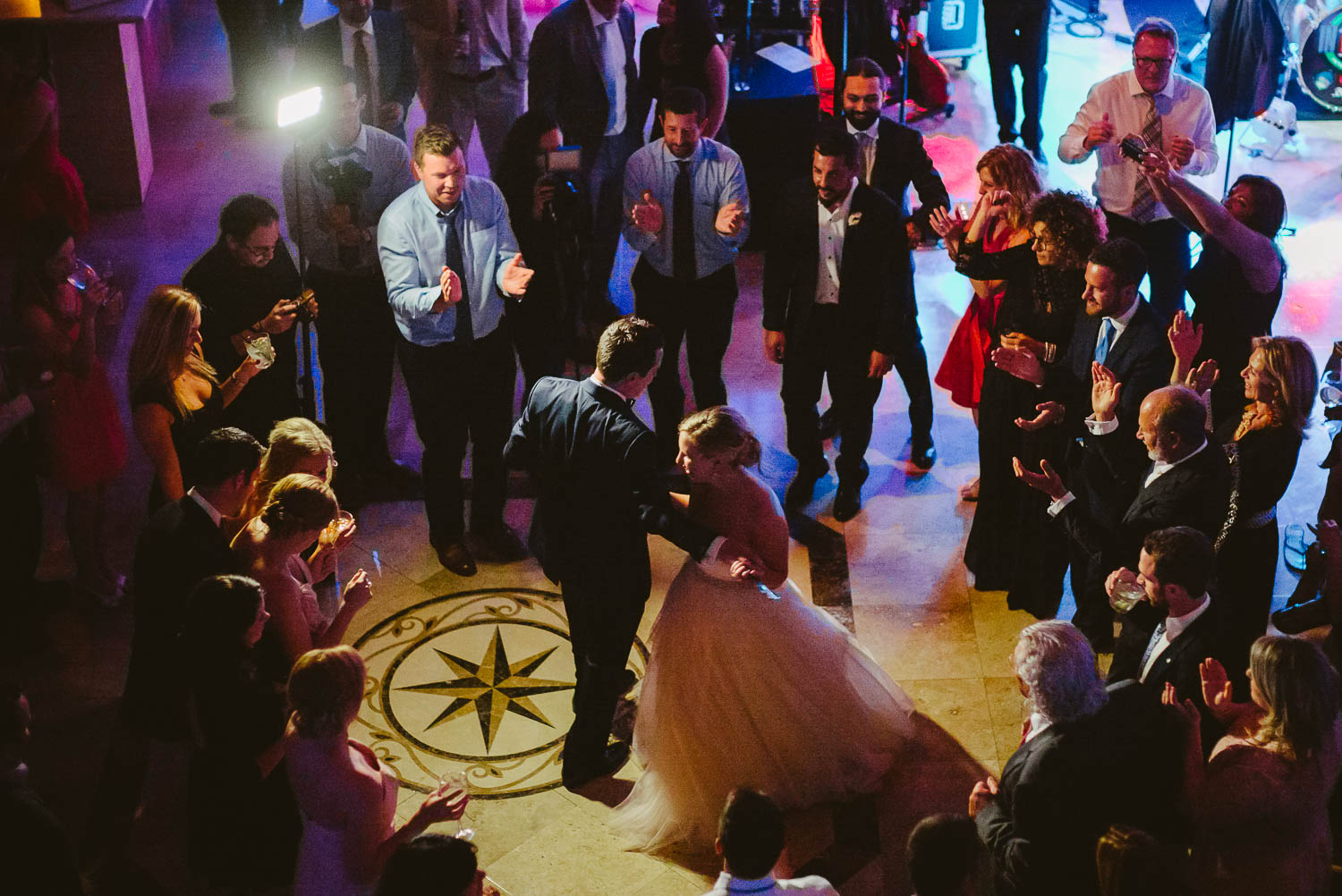 Coupel dance on wedding reception wide shot Bell Tower on 34th Houston-Leica wedding photographer-Philip Thomas Photography