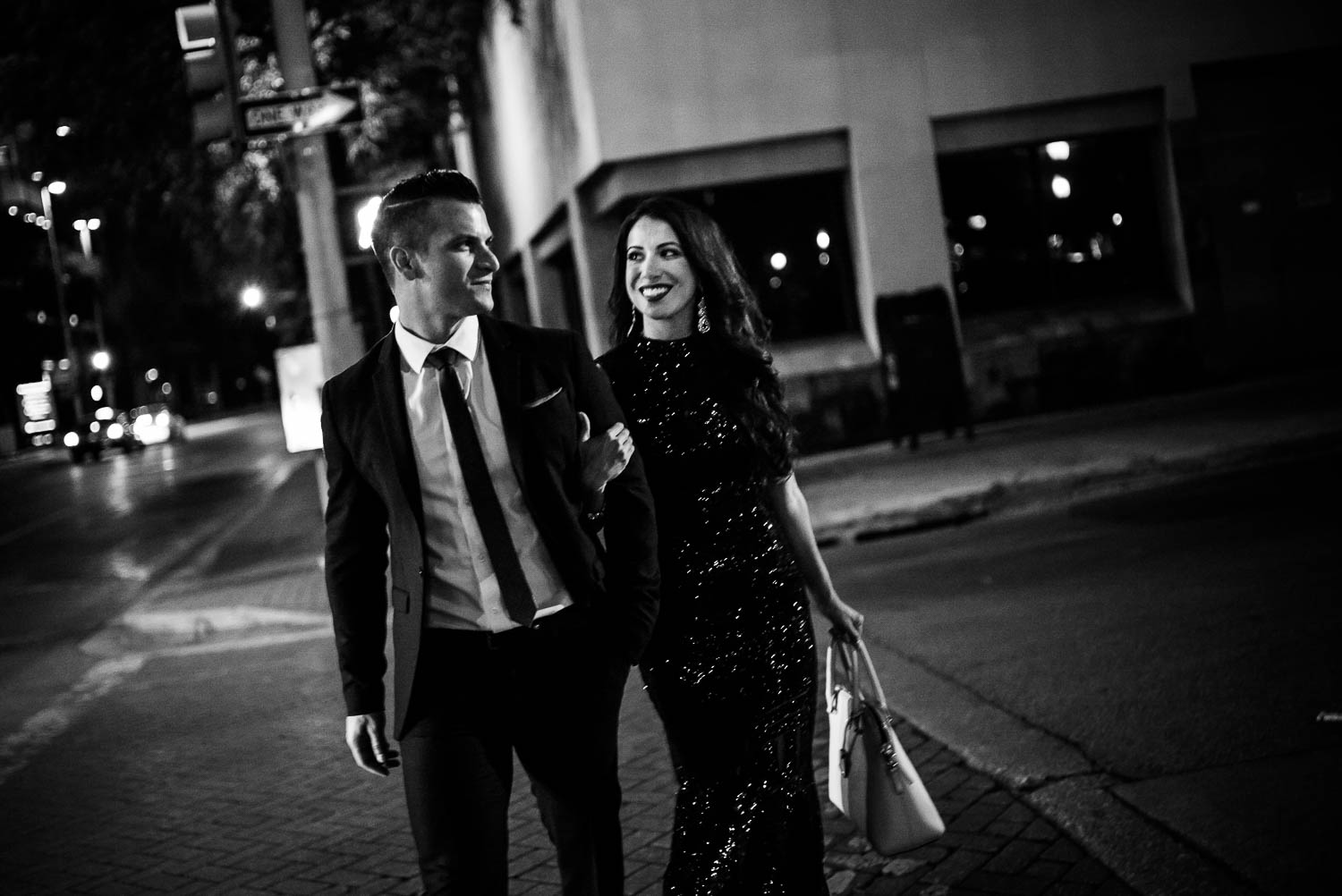 Crossing a downtown street Downtown San Antonio Engagement photos-13