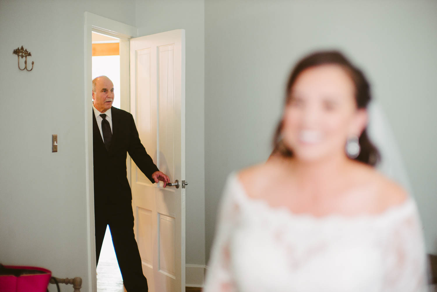 Father enters room to see his daughter dressed for the first time at Za Za gardens-Leica photographer-Philip Thomas Photography