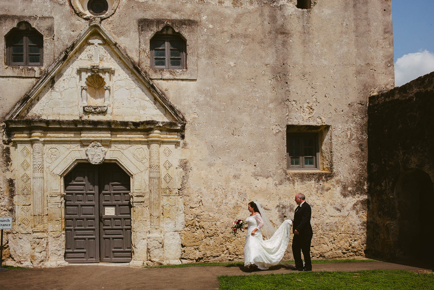 Bride arrives at the church with father Mission Concepcion Wedding-Leica photographer-Philip Thomas Photography
