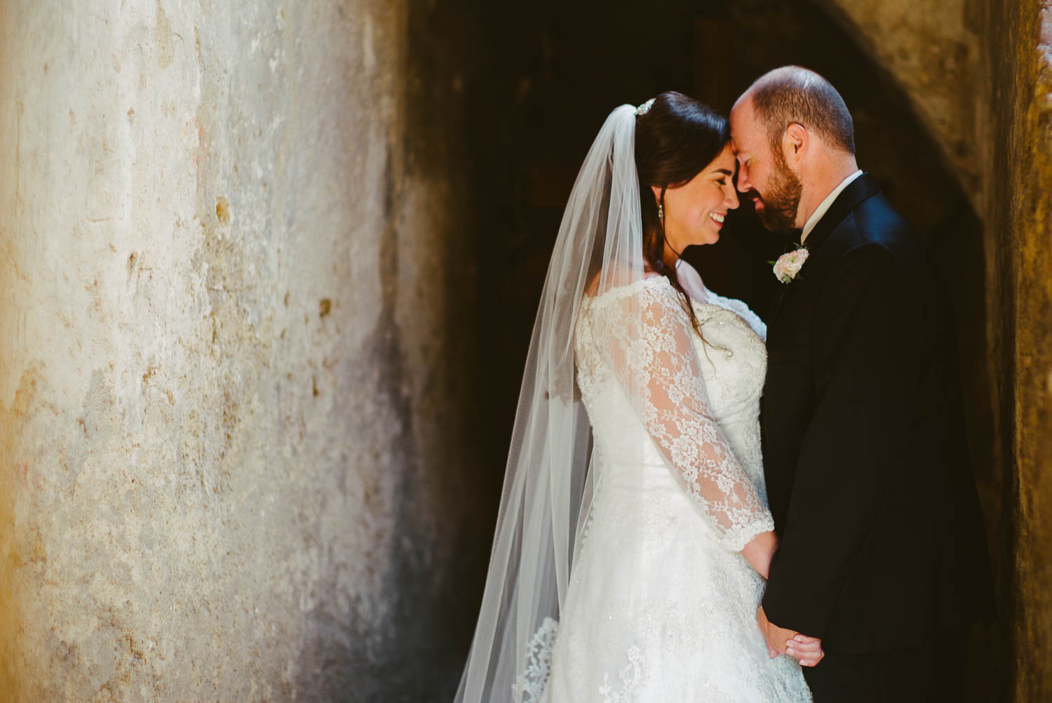 Posed shot of couple head to head at Mission Concepcion Wedding-Leica photographer-Philip Thomas Photography