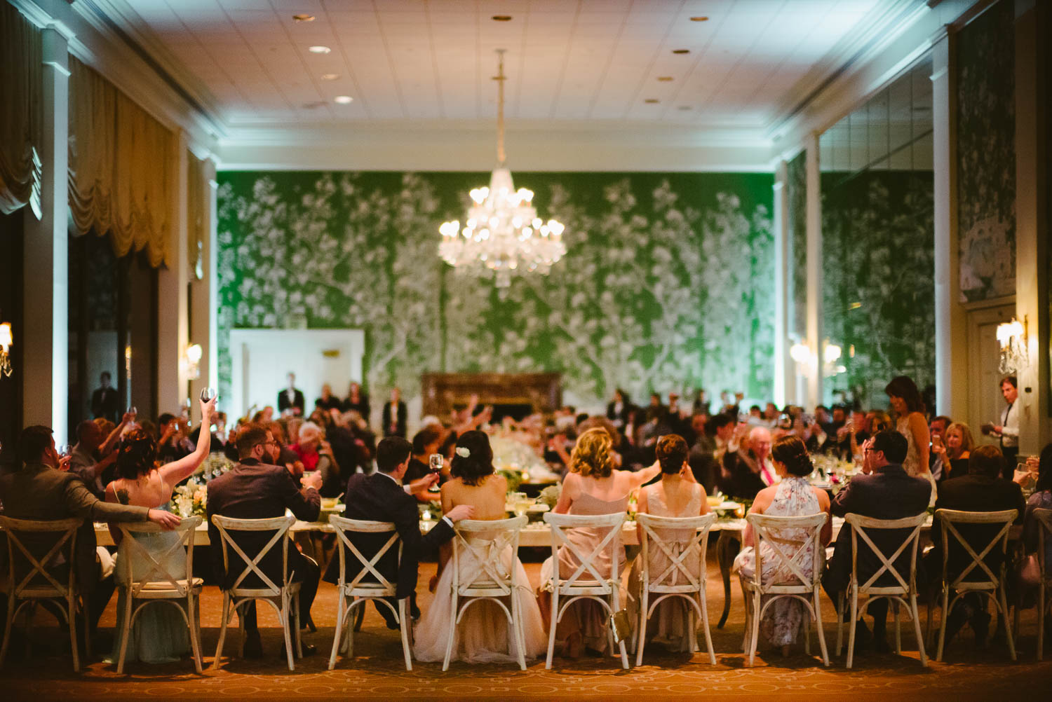 Wide shot of reception toasts and room full of guests River Oaks Country Club-Leica photographer-Philip Thomas Photography