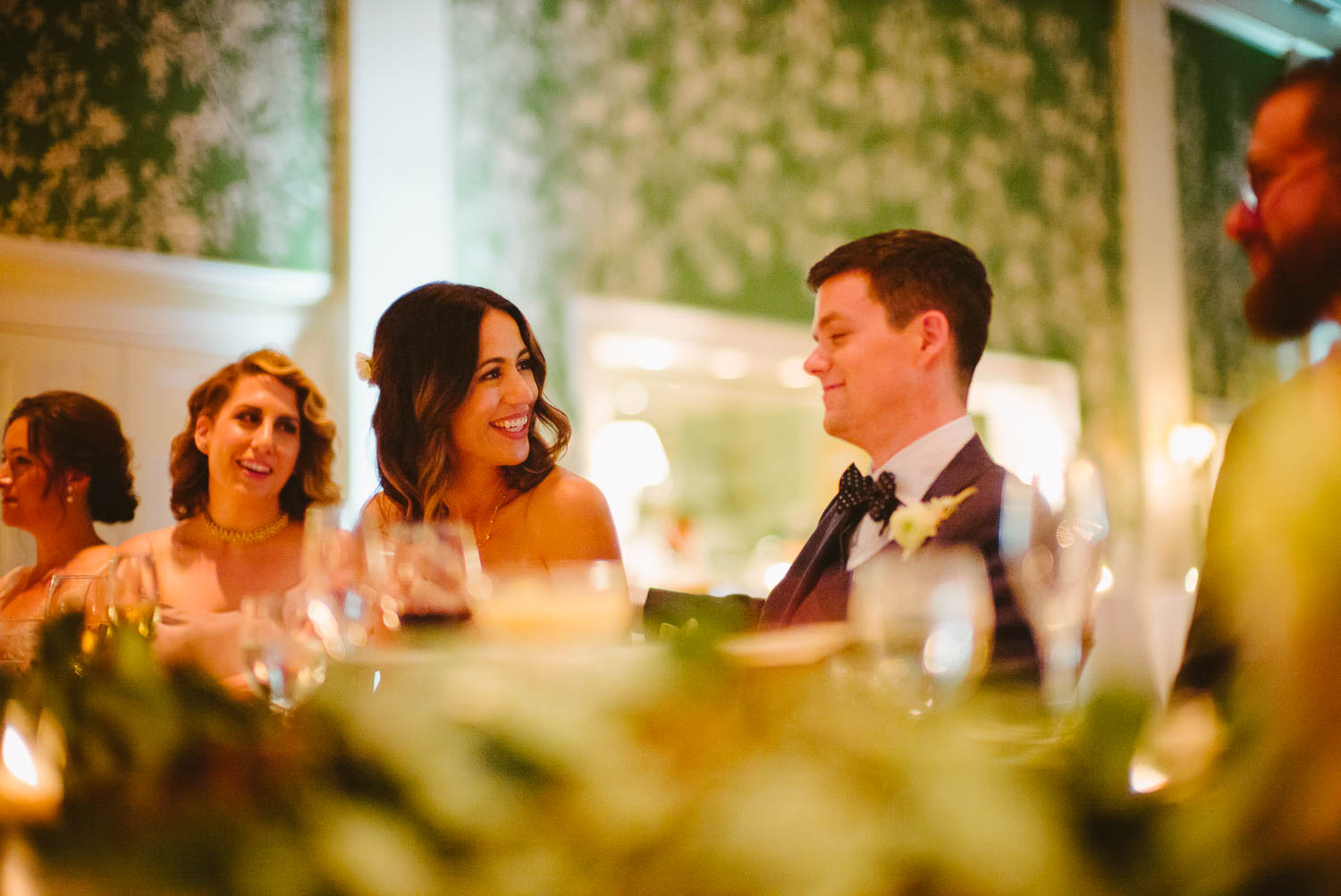 Couple react to wedding reception toasts River Oaks Country Club-Leica photographer-Philip Thomas Photography