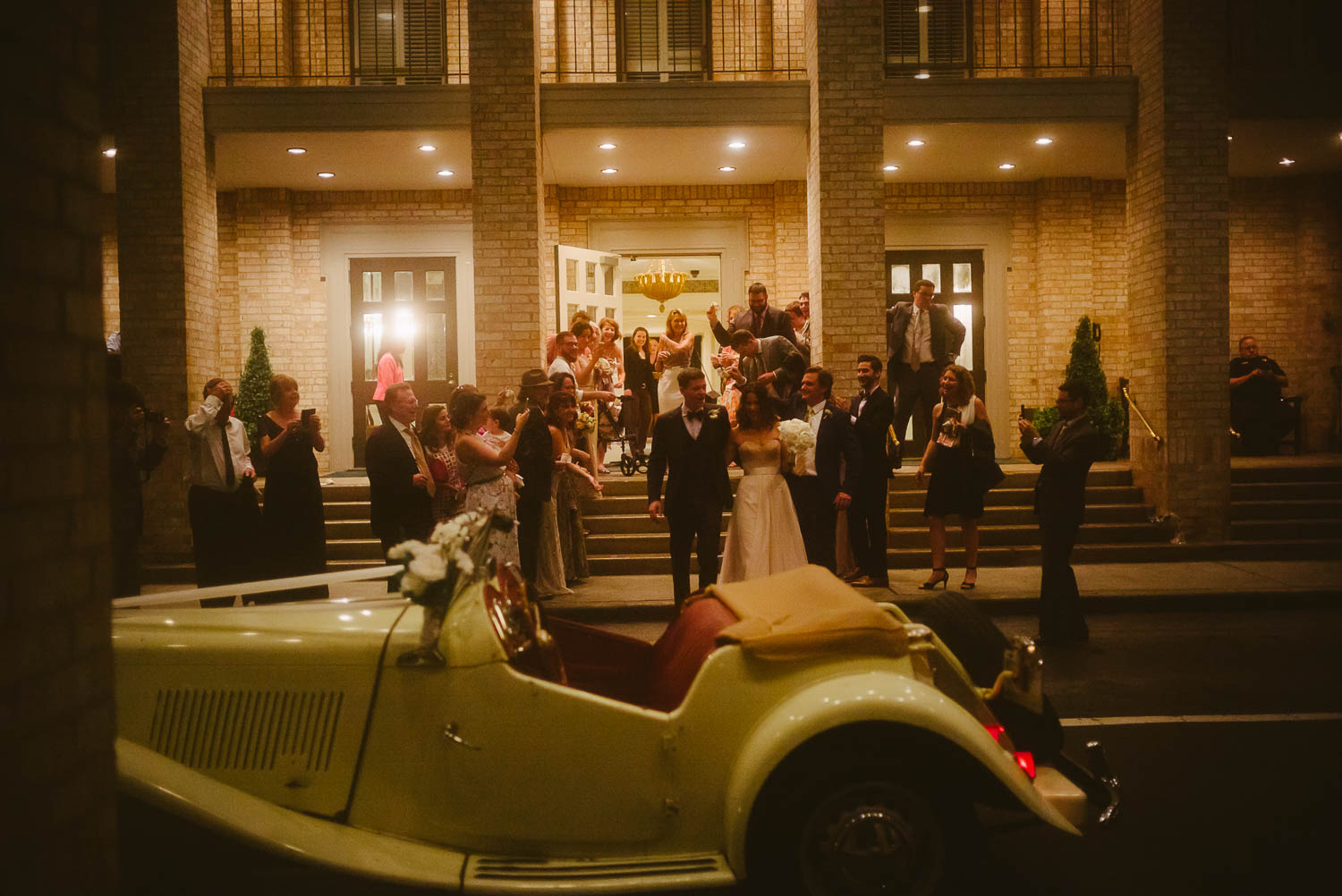 Wedded couple depart with lavender eco-feti Houston's River Oaks Country Club-Leica photographer-Philip Thomas Photography