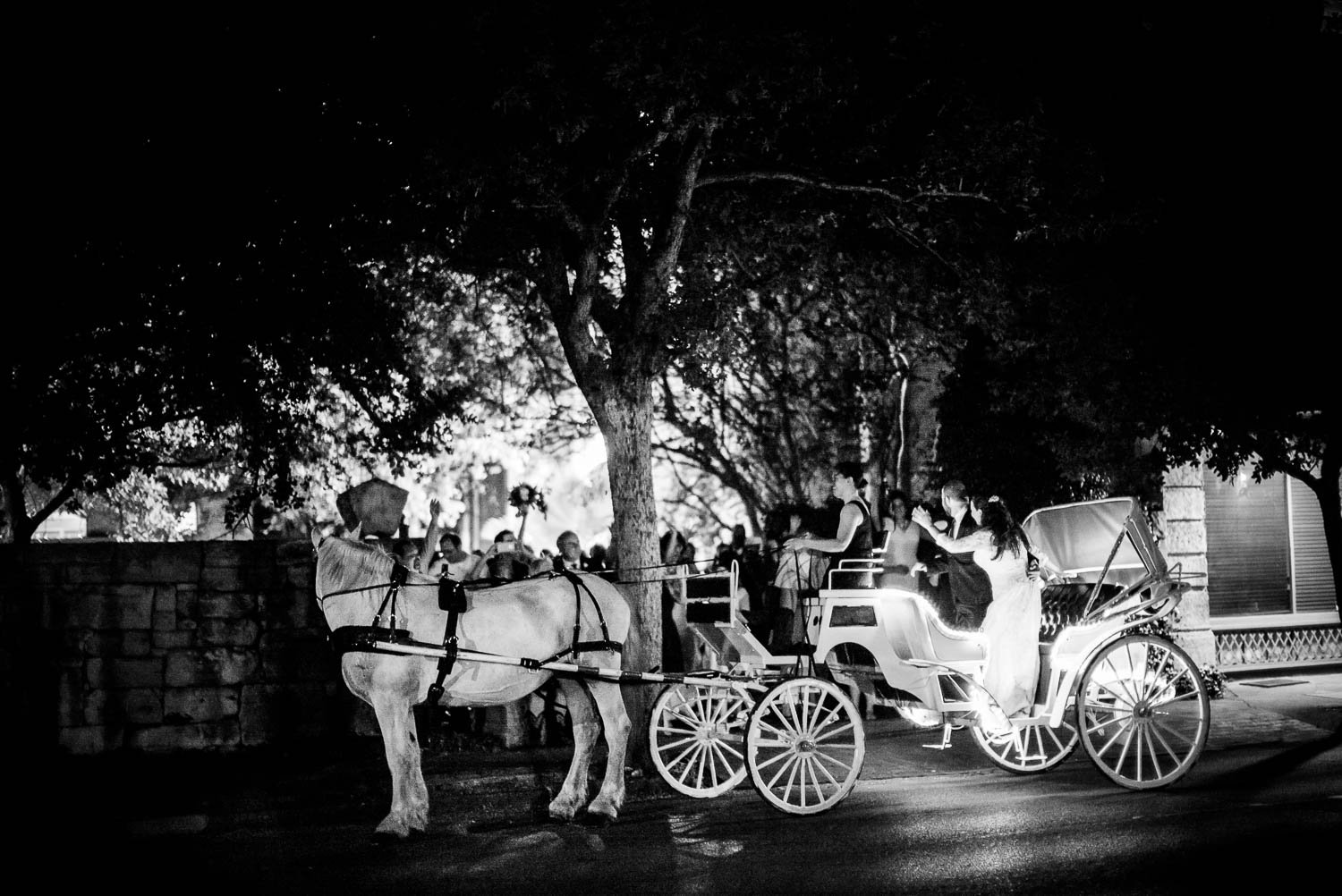 Bride and groom wave goodbye on horse and buggy