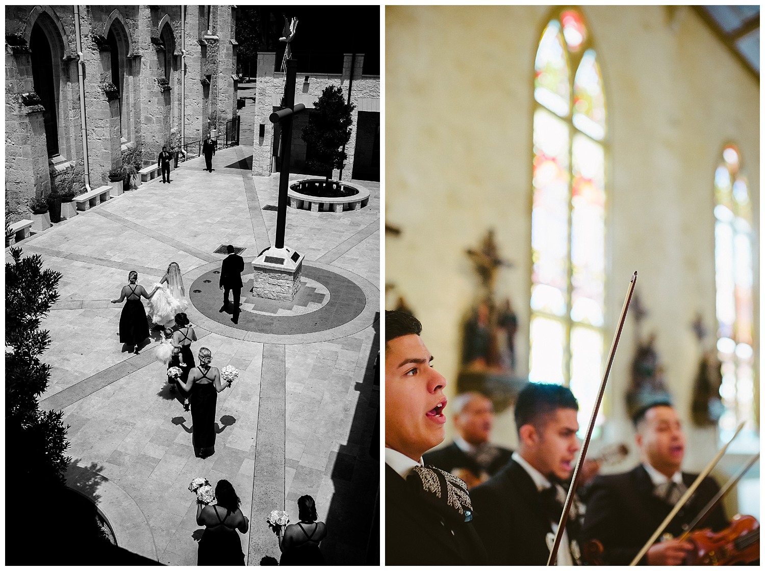 Left image shows bride and bridesmaid racing toward the entrance to start the wedding ceremony San Fernando Cathedral Wedding-17