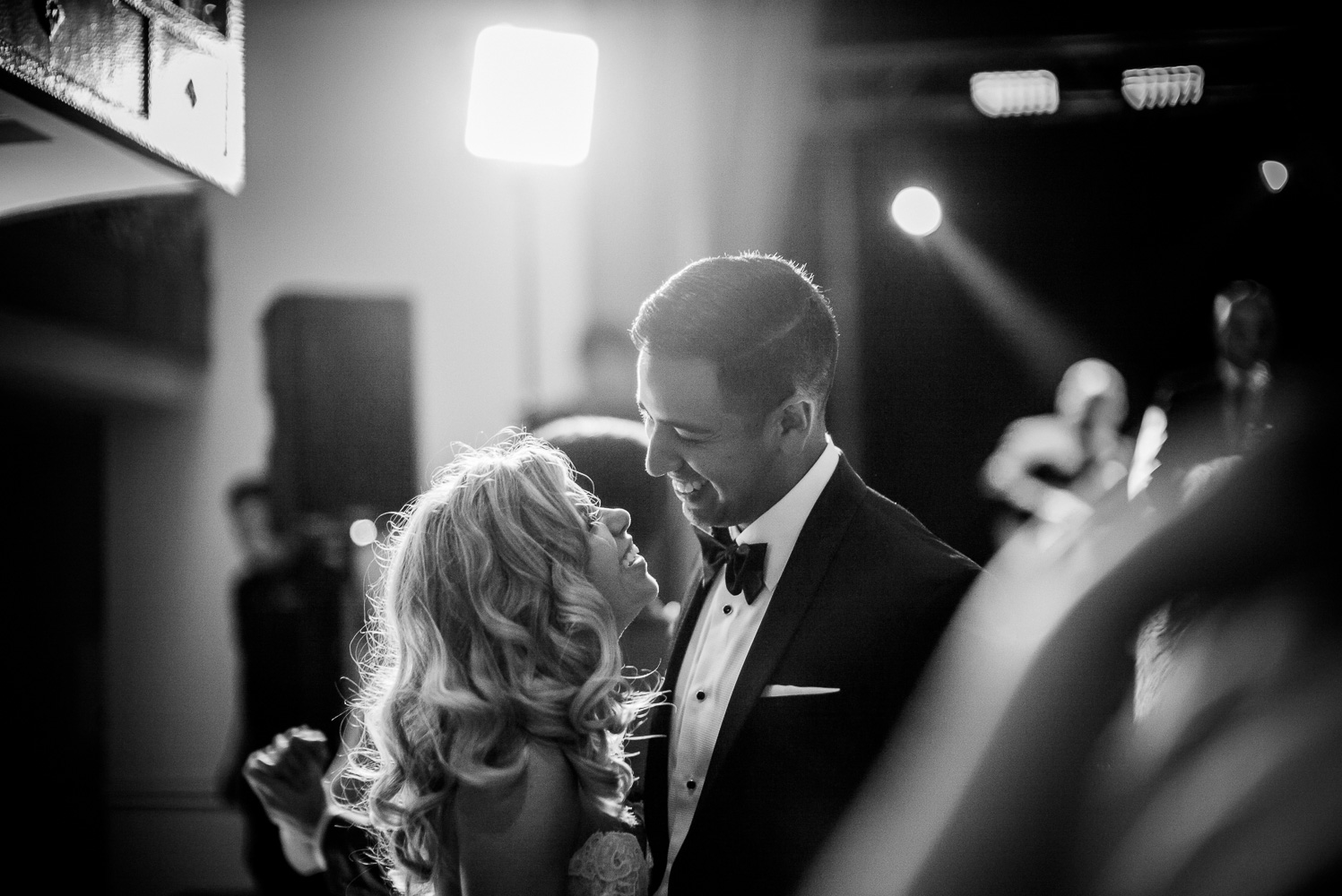 Just married couple dance close in monochrome image St. Anthony Hotel San Antonio Wedding Reception-48