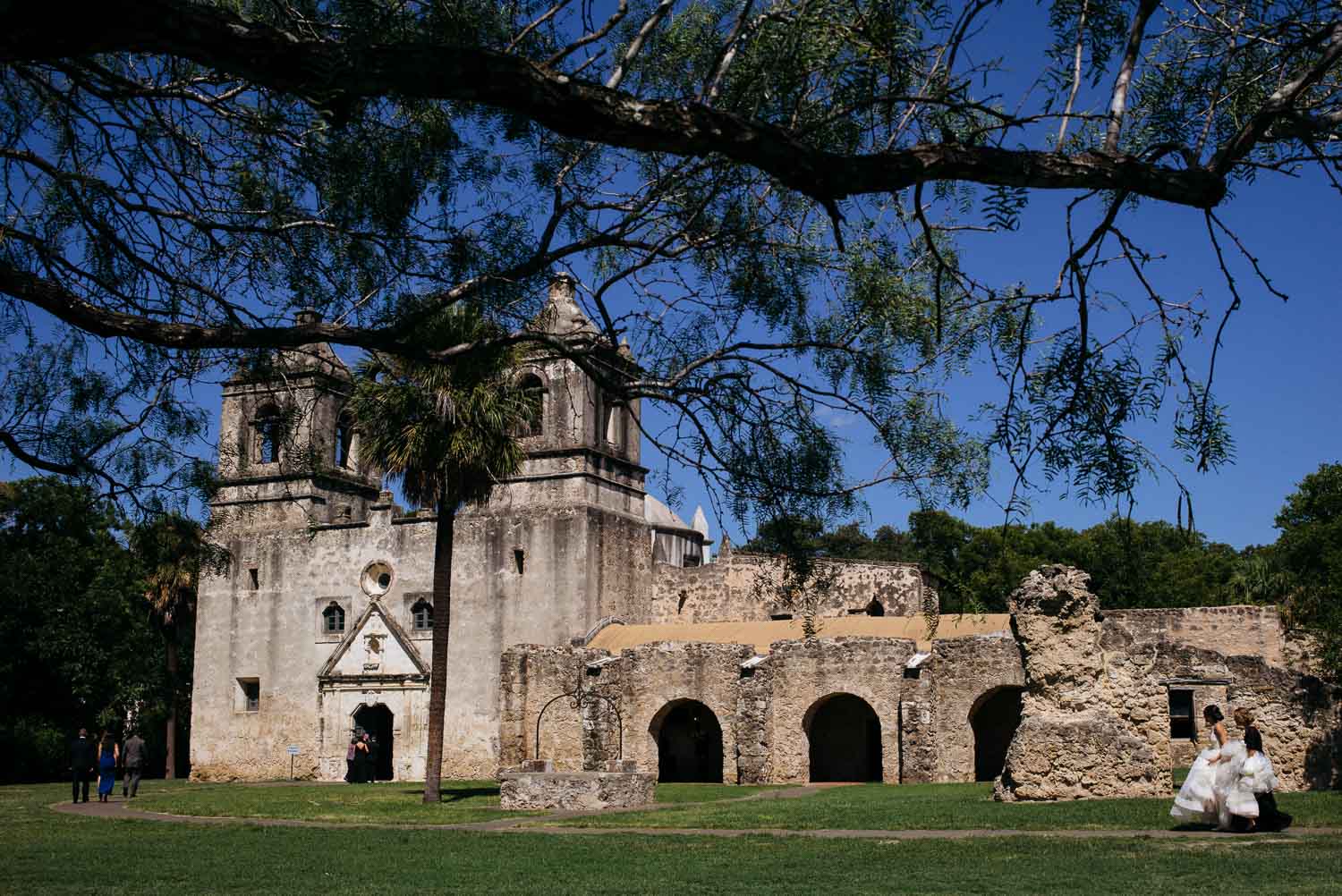 Bride makes her way toward Mission Concepcion Wedding