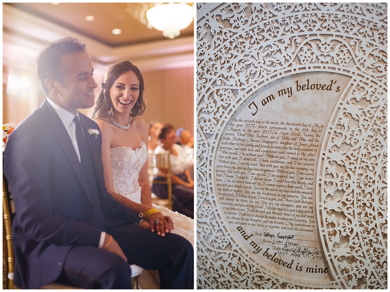 Bride and groom holding hands during toasts and a photo of the signed Katubah