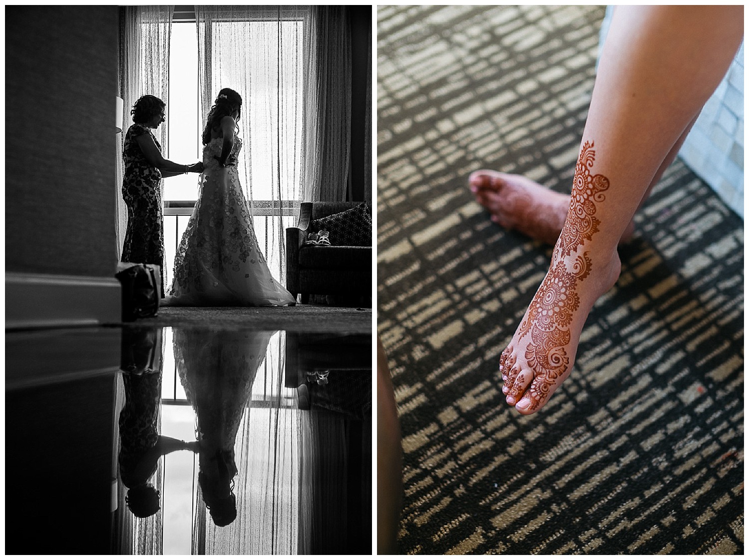 Bride silhouette against window and henna tattoos on feet