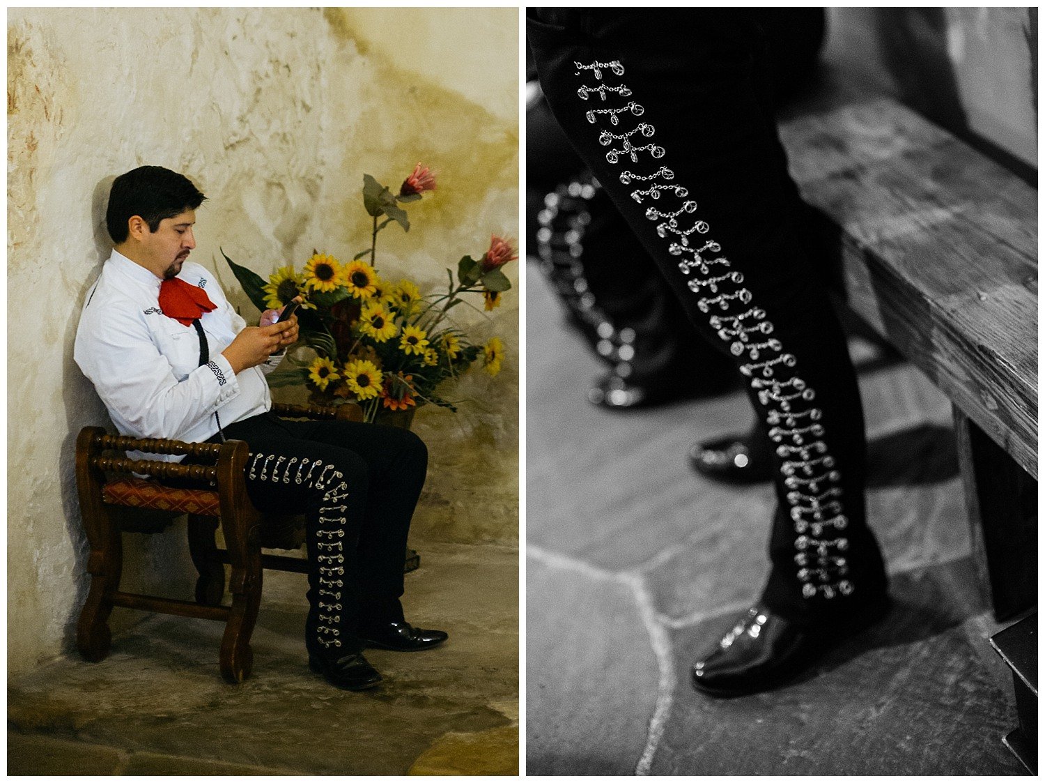 A member of a mariachi band takes a quiet moment to check his phone during wedding ceremony Mission Concepcion Wedding