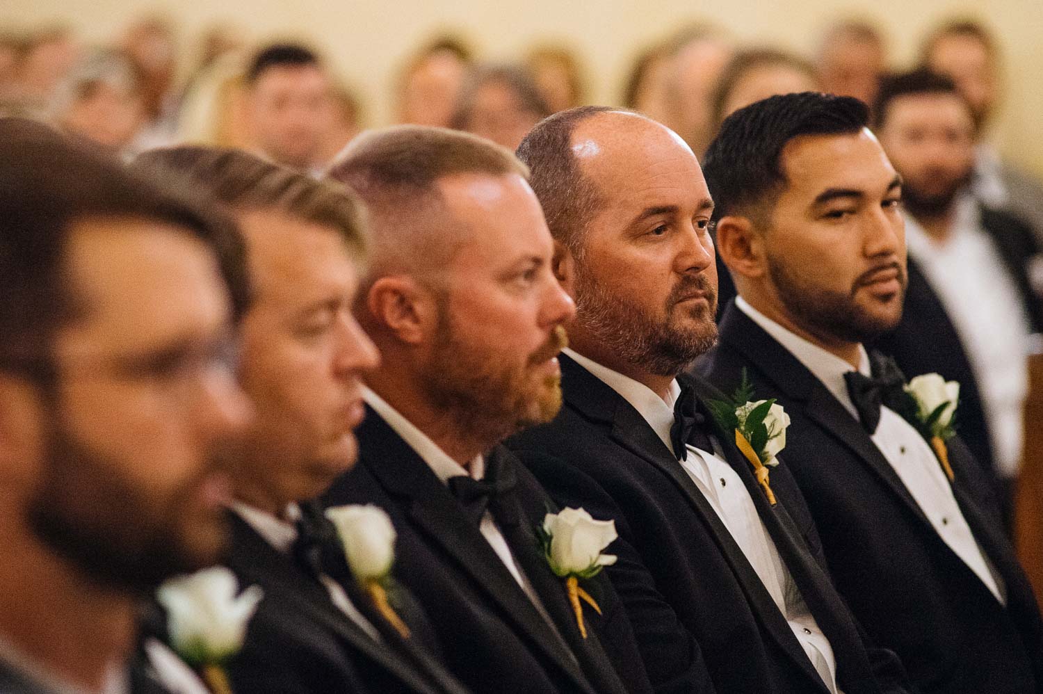 Groomsmen lined up at Mission Concepcion