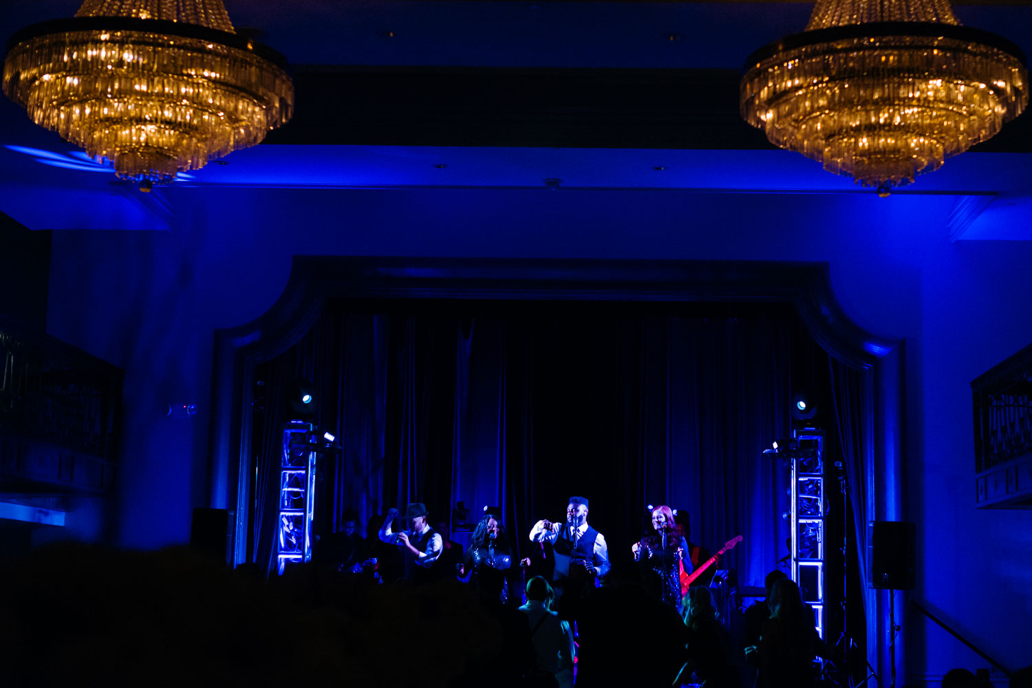 Wide photograph shows stage Match Maker Band performs on stage at St.Anthony wedding reception August 2017 Mission Concepcion Wedding St Anthony Reception-Philip Thomas