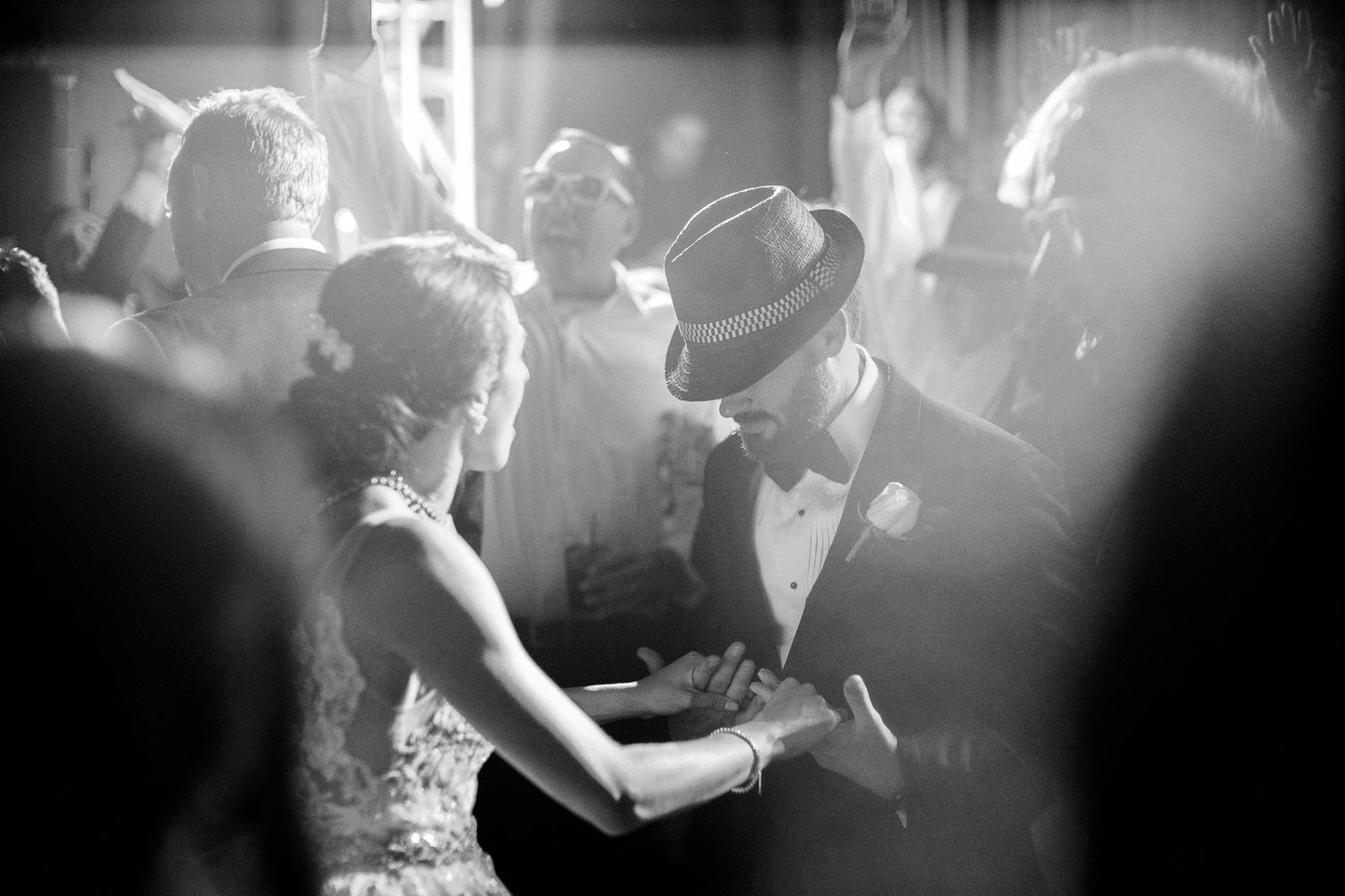 Noctilux 50mm black and white of couple dancing at St.Anthony Wedding reception