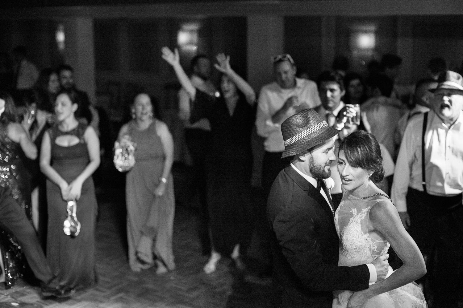 Just married couple dance with crowd surrounding them at St.Anthony Historic hotel - Mission Concepcion Wedding St Anthony Reception-Philip Thomas