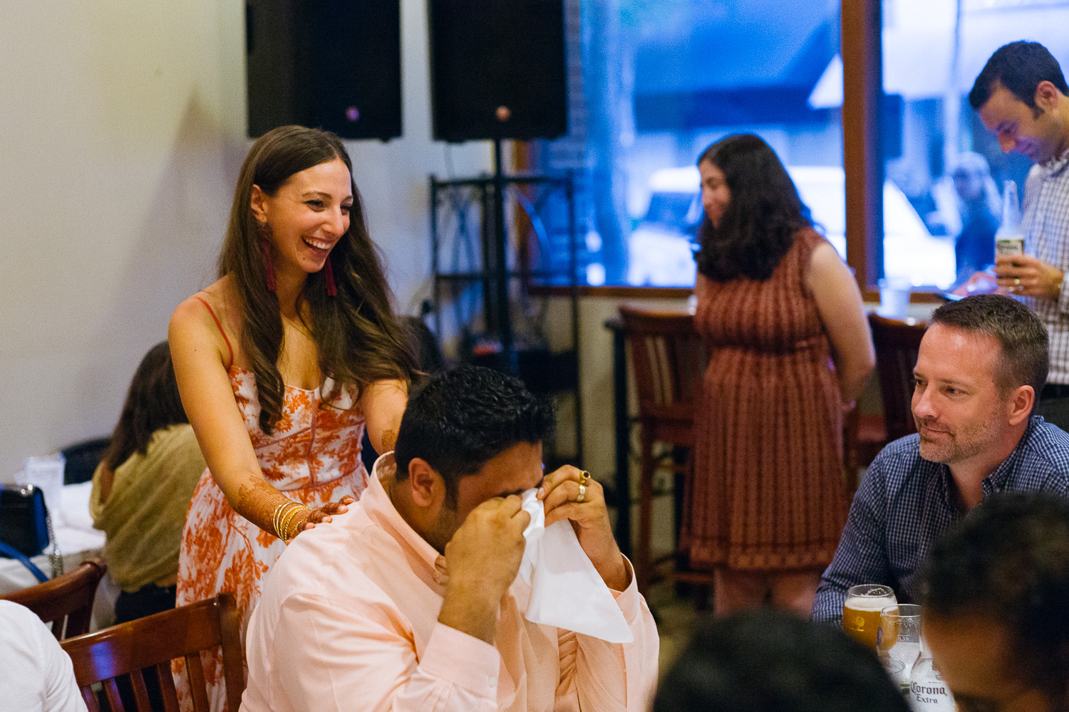 Laughs all round during rehearsal dinner Hindu Jewish fusion wedding Sugar Land Marriott Hotel Texas-005